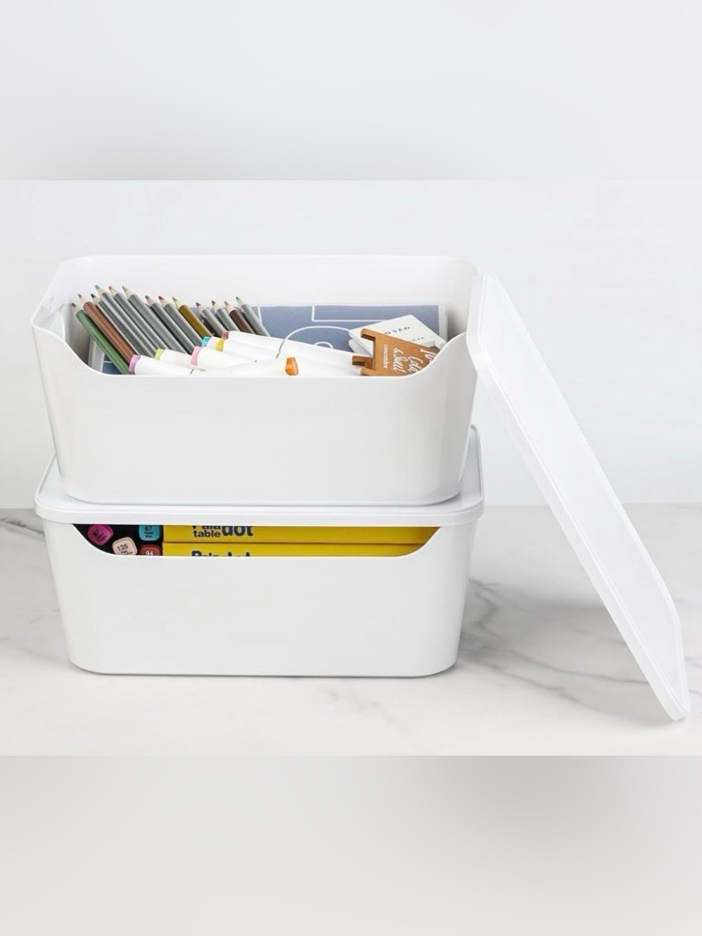 Set Of 5 Stackable White Storage Bins